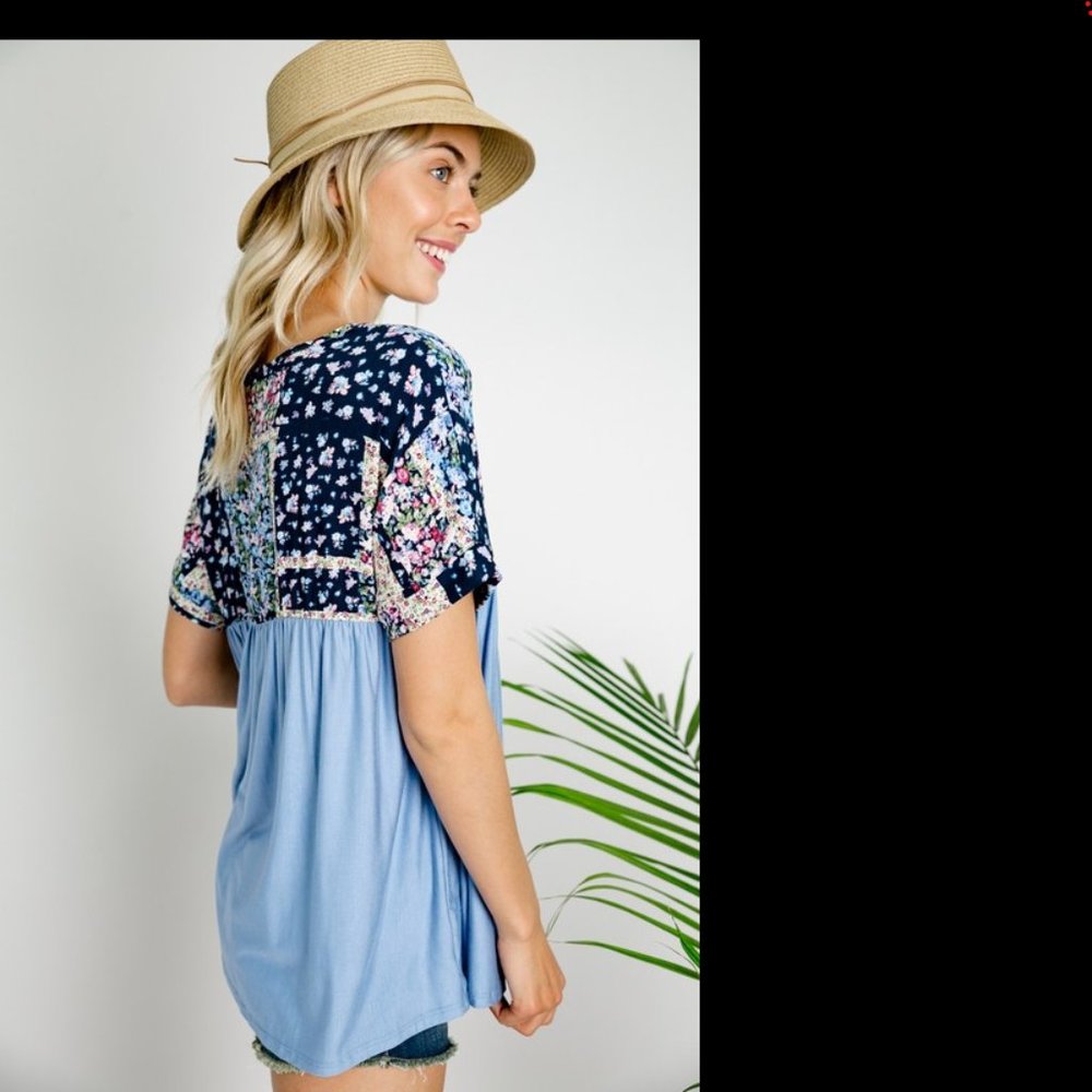 NWT E.Luna Blue Floral Patchwork Babydoll Top - Picture 9 of 9